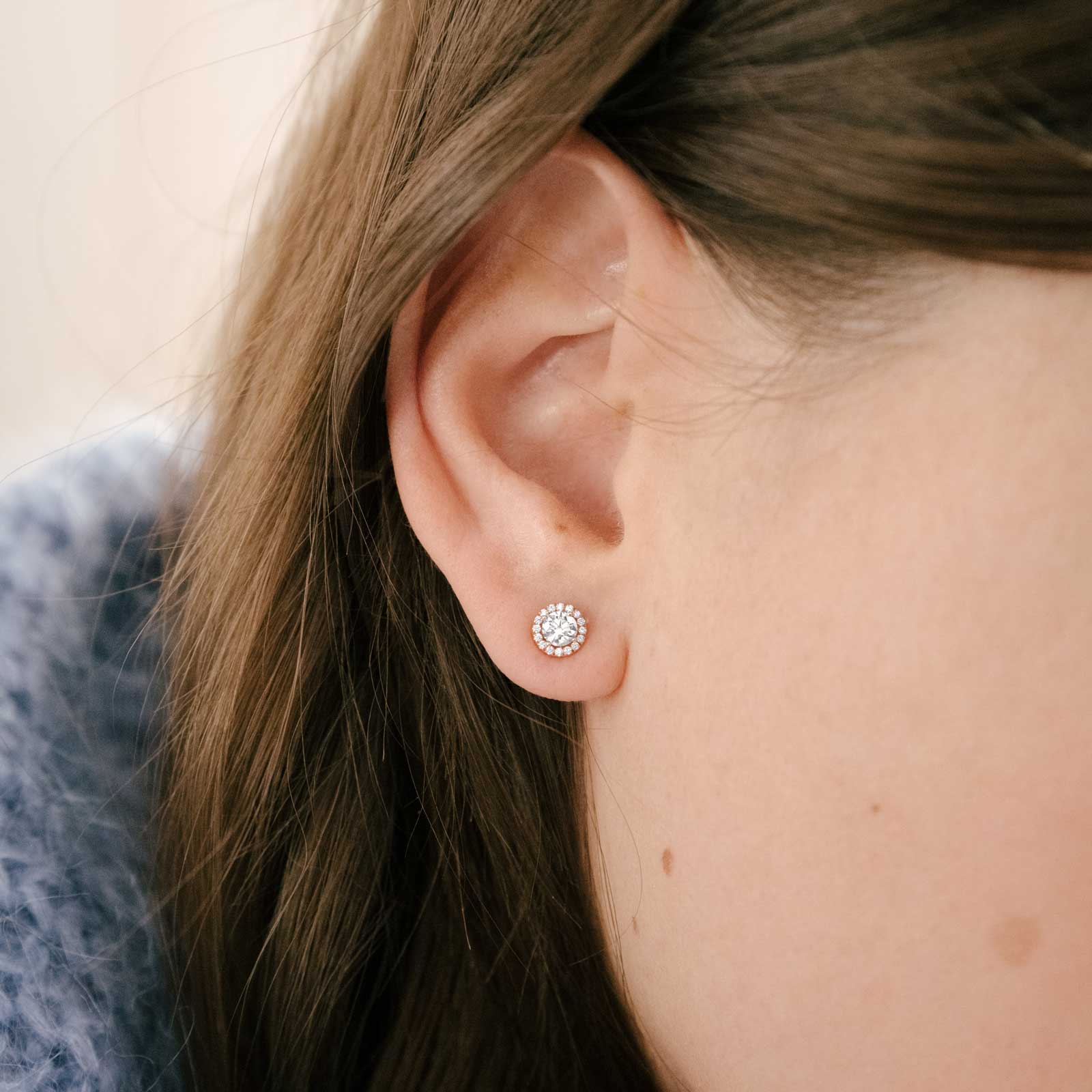 Boucles d'oreilles Or rose Saphir Bleu Gris et diamants Rétromantique S 4