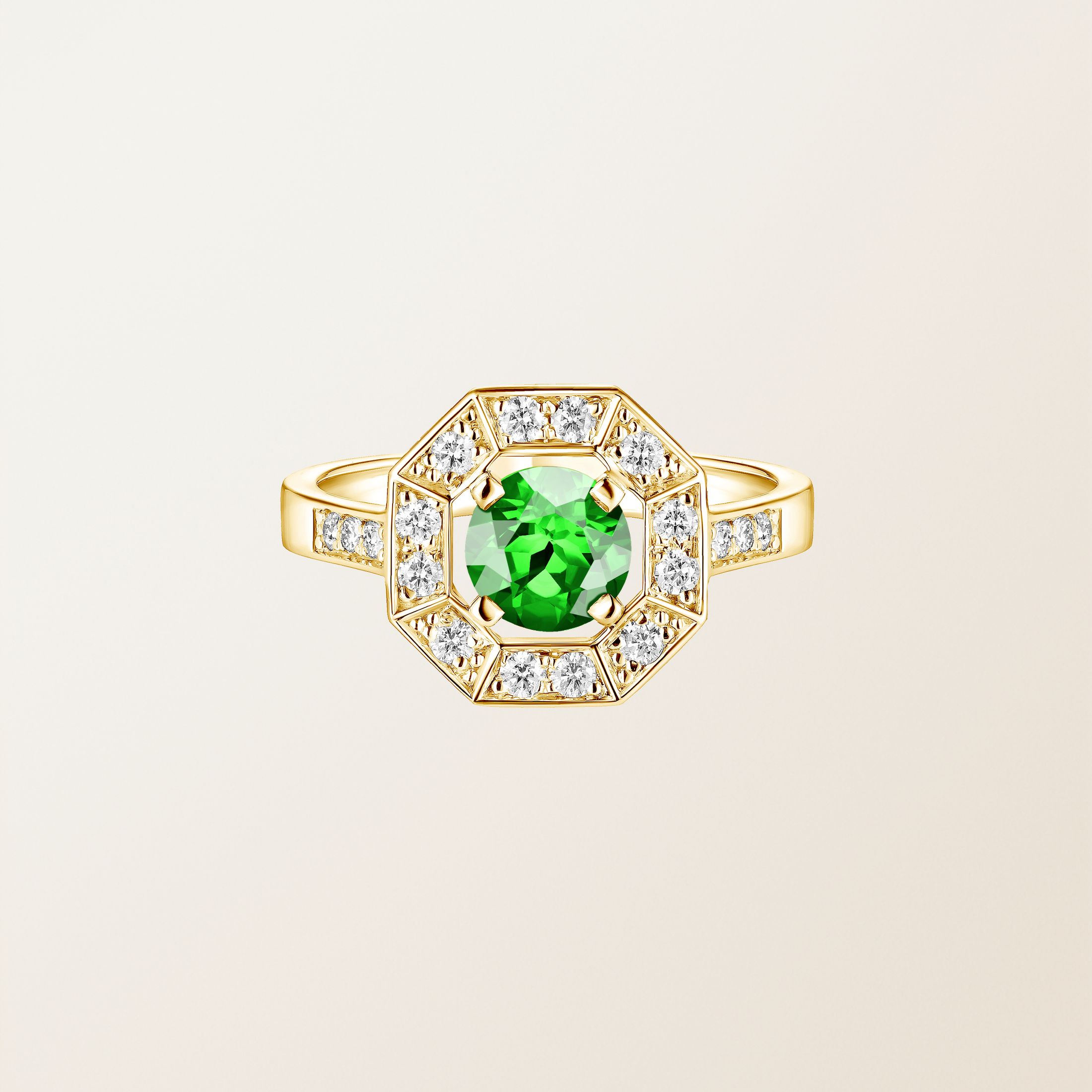 Bague Or jaune 18 cts Tsavorite Art Déco Rond 6 mm