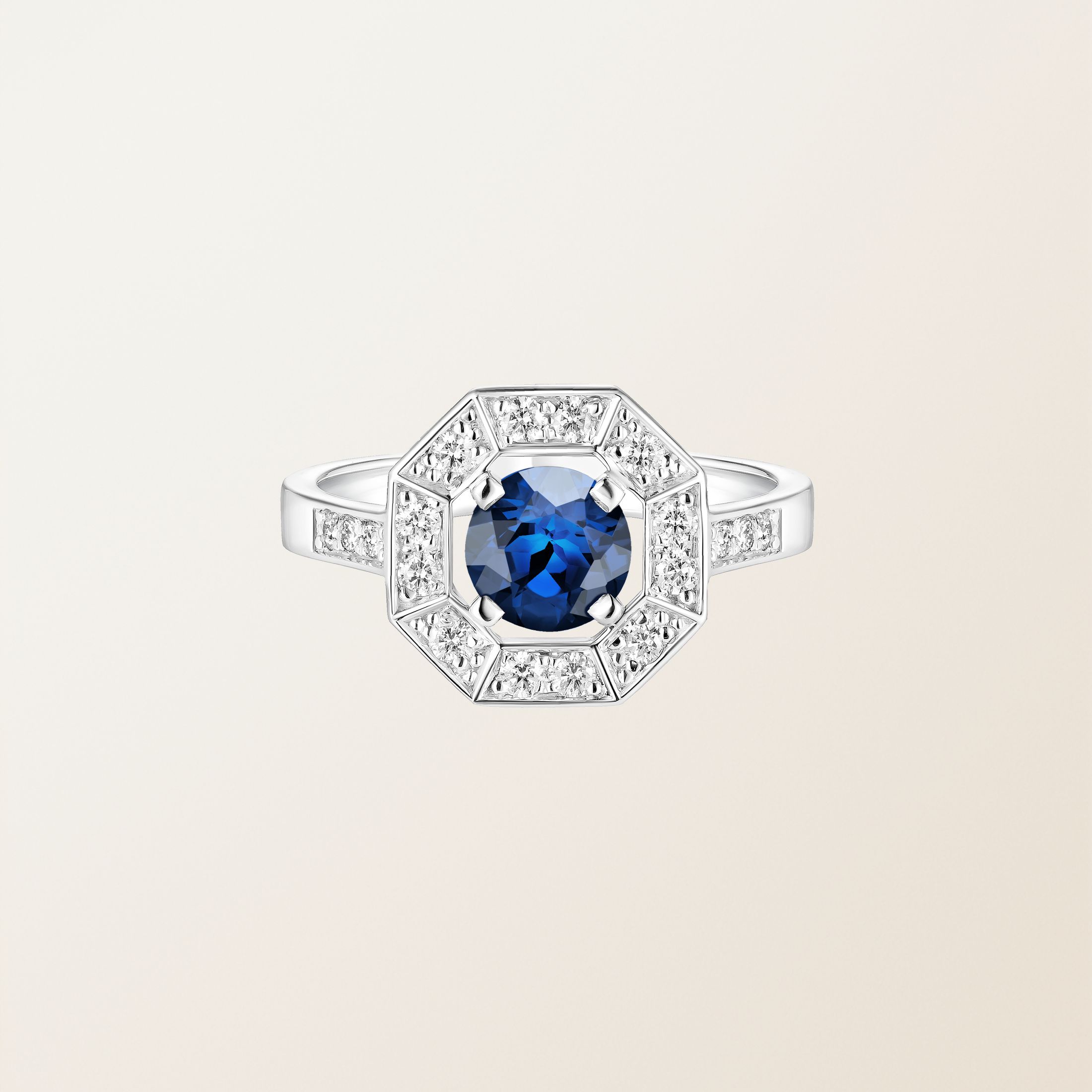Bague Or blanc 18 cts Saphir Art Déco Rond 6 mm