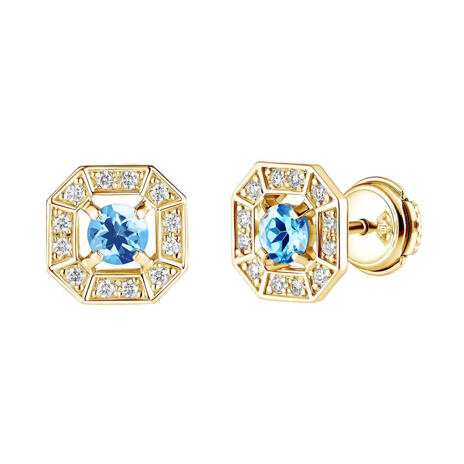 Boucles d'oreilles Or jaune Topaze et diamants Art Déco Rond 4 mm 1